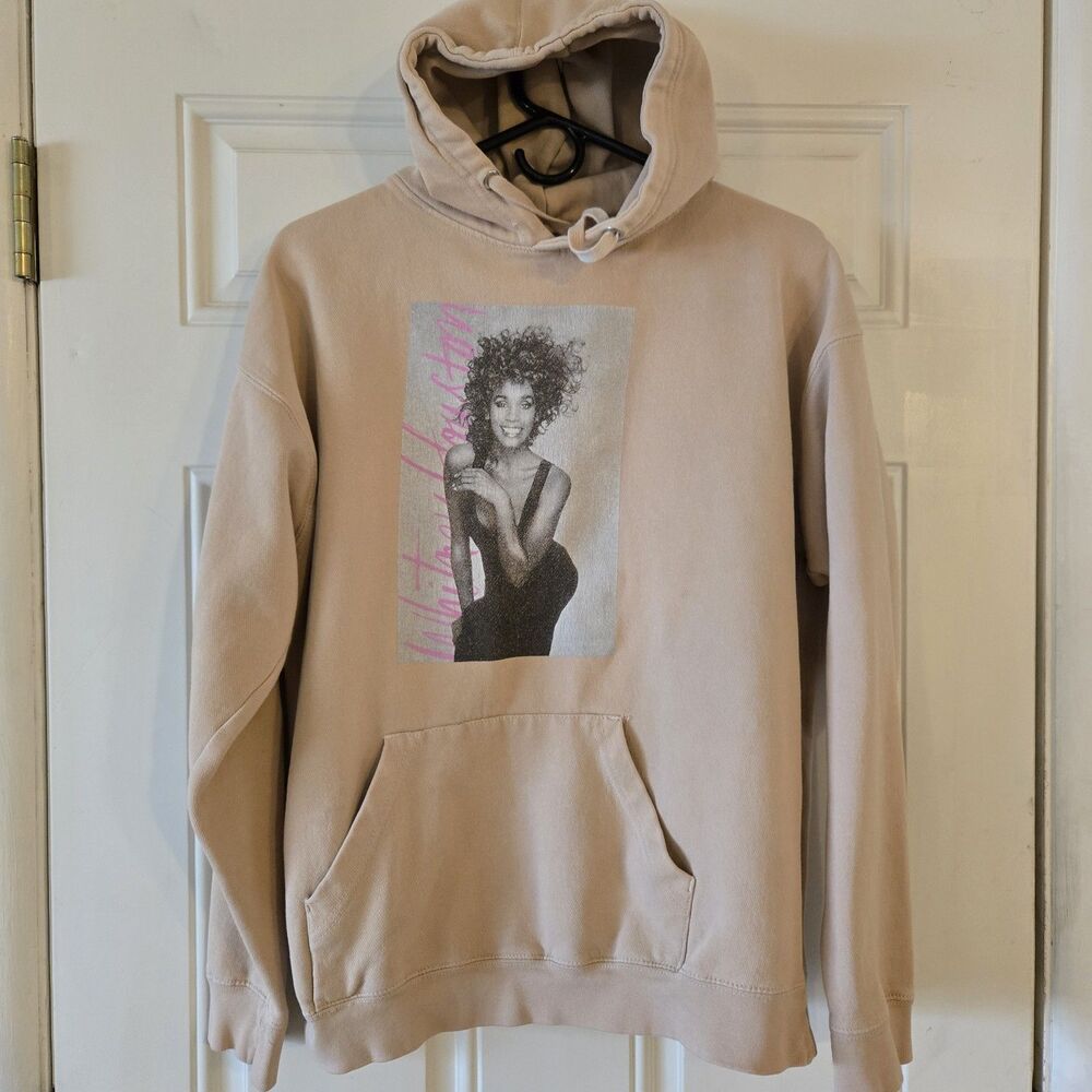Whitney Houston Beige Hoodie M/L 100% Cotton Graphic Sweatshirt Vintage Style